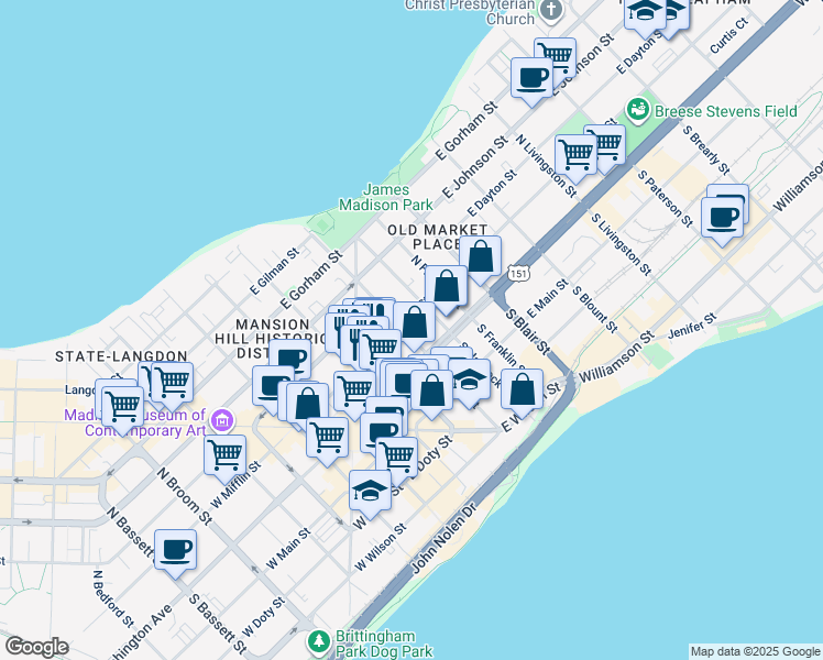 map of restaurants, bars, coffee shops, grocery stores, and more near 21 North Butler Street in Madison