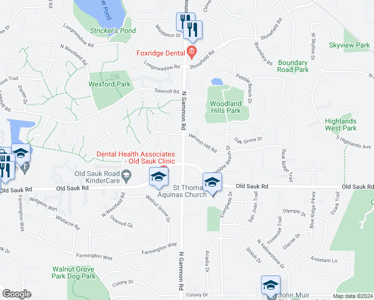 map of restaurants, bars, coffee shops, grocery stores, and more near 16 Firestone Court in Madison