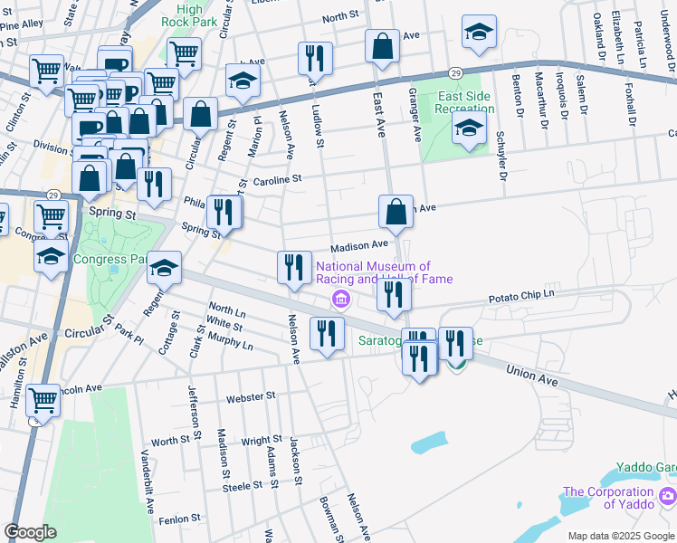 map of restaurants, bars, coffee shops, grocery stores, and more near 125 George Street in Saratoga Springs