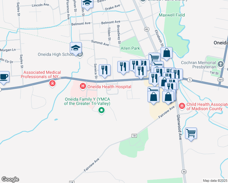 map of restaurants, bars, coffee shops, grocery stores, and more near 261 Genesee Street in Oneida