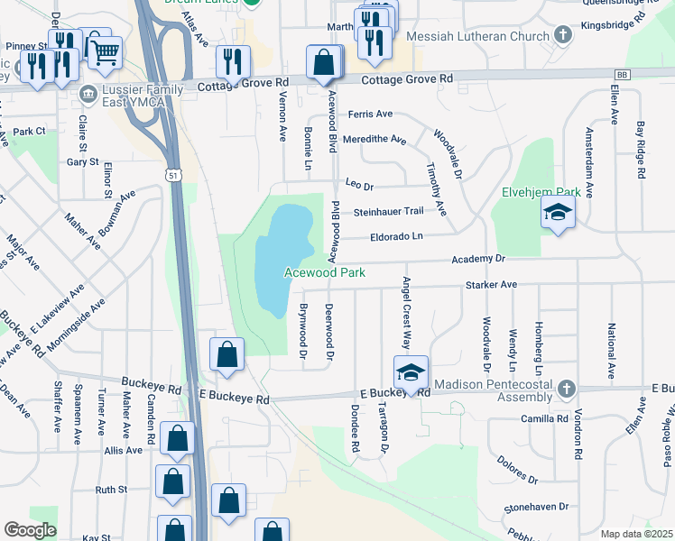 map of restaurants, bars, coffee shops, grocery stores, and more near 4610 Starker Avenue in Madison
