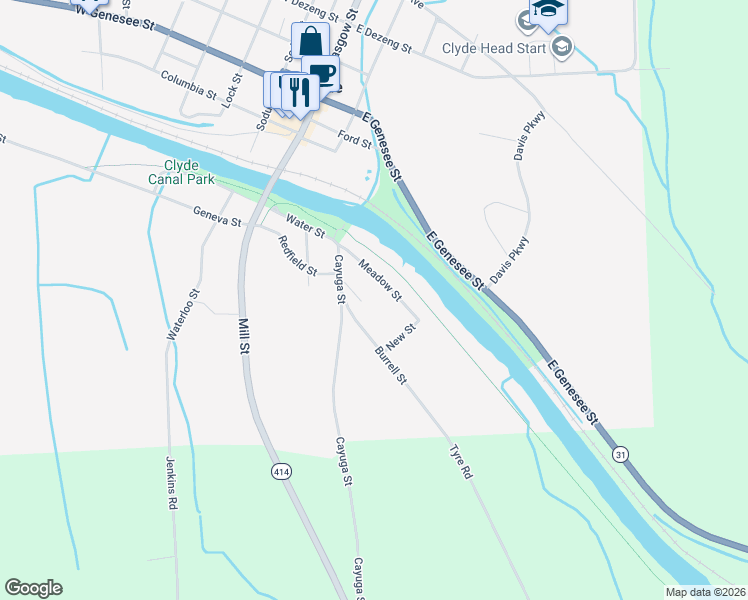 map of restaurants, bars, coffee shops, grocery stores, and more near 30 Burrell Street in Clyde