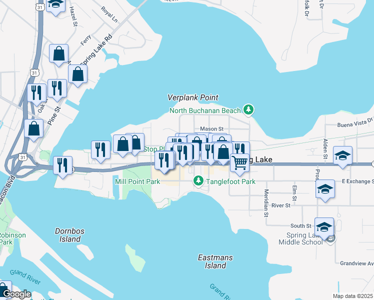 map of restaurants, bars, coffee shops, grocery stores, and more near 400 Liberty Street in Spring Lake
