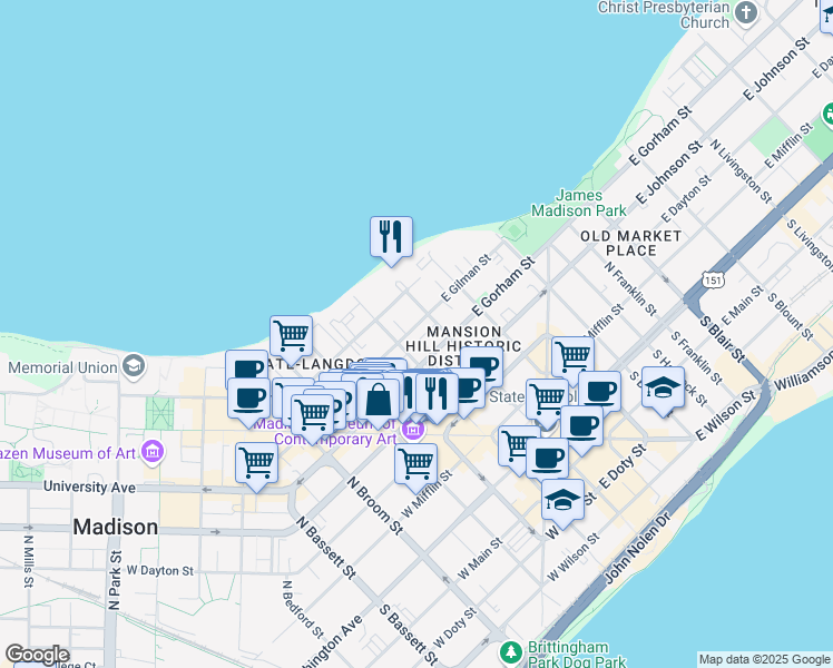 map of restaurants, bars, coffee shops, grocery stores, and more near 15 West Gilman Street in Madison