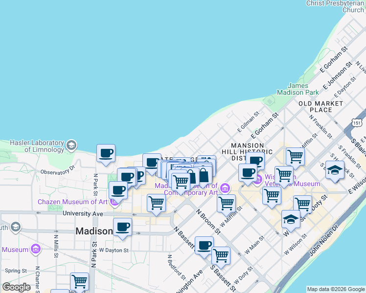 map of restaurants, bars, coffee shops, grocery stores, and more near 633 North Henry Street in Madison