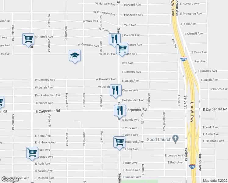 map of restaurants, bars, coffee shops, grocery stores, and more near 5077 Saginaw Street in Mount Morris Township