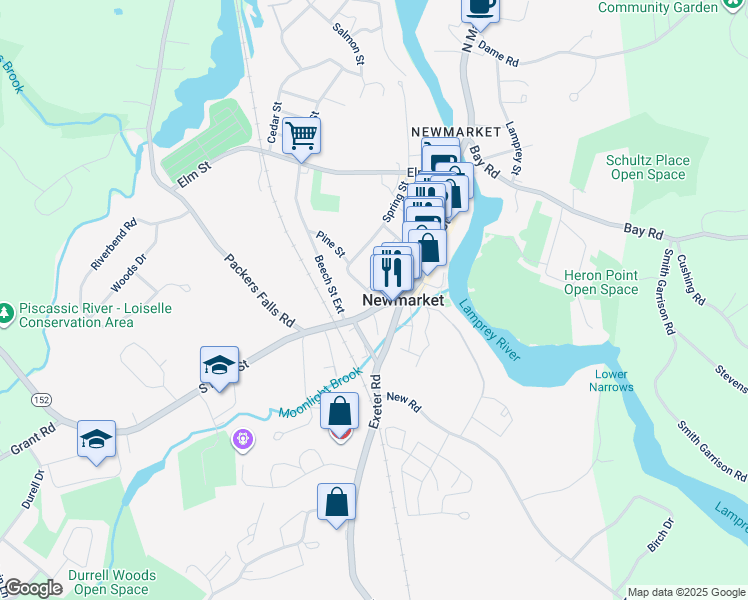 map of restaurants, bars, coffee shops, grocery stores, and more near 165 Main Street in Newmarket