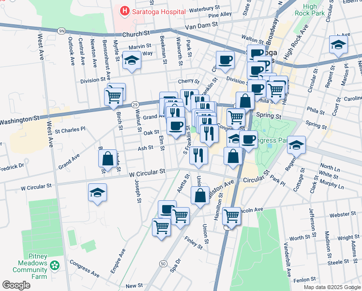 map of restaurants, bars, coffee shops, grocery stores, and more near 26 Beekman Street in Saratoga Springs