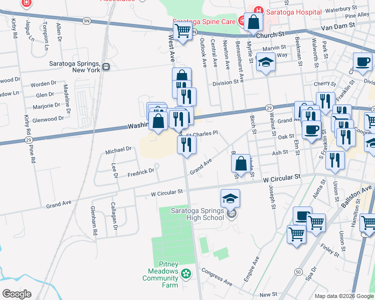 map of restaurants, bars, coffee shops, grocery stores, and more near 120 West Avenue in Saratoga Springs