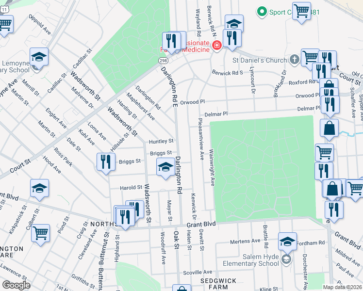 map of restaurants, bars, coffee shops, grocery stores, and more near 305 Kenwick Drive in Syracuse