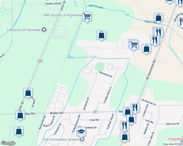 map of restaurants, bars, coffee shops, grocery stores, and more near 125 Kenwick Drive in Rochester