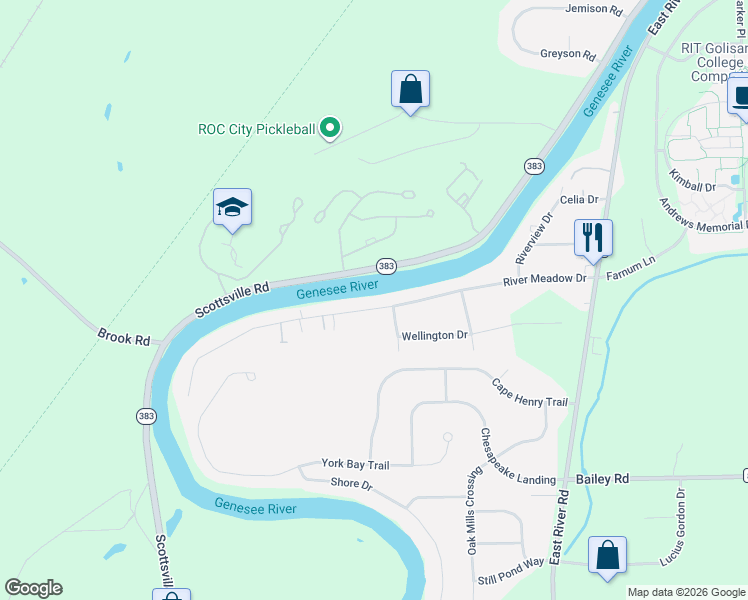 map of restaurants, bars, coffee shops, grocery stores, and more near 201 River Meadow Drive in Rochester