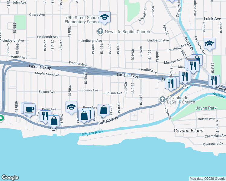 map of restaurants, bars, coffee shops, grocery stores, and more near 185 80th Street in Niagara Falls