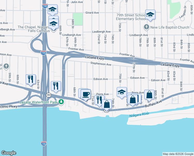 map of restaurants, bars, coffee shops, grocery stores, and more near 245 71st Street in Niagara Falls