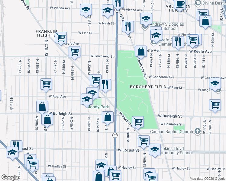 map of restaurants, bars, coffee shops, grocery stores, and more near 3201 North 20th Street in Milwaukee