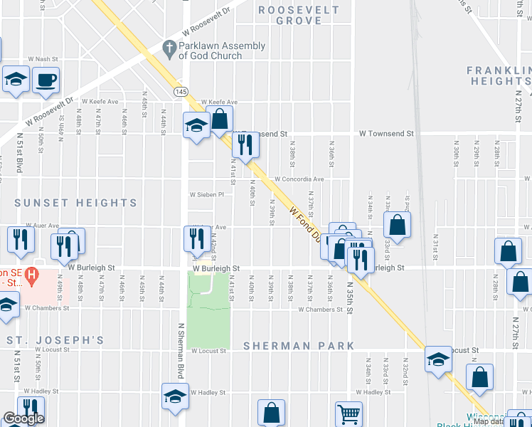 map of restaurants, bars, coffee shops, grocery stores, and more near 3176 North 40th Street in Milwaukee