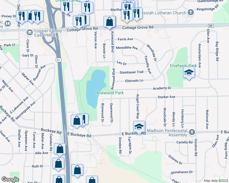 map of restaurants, bars, coffee shops, grocery stores, and more near 4610 Starker Avenue in Madison