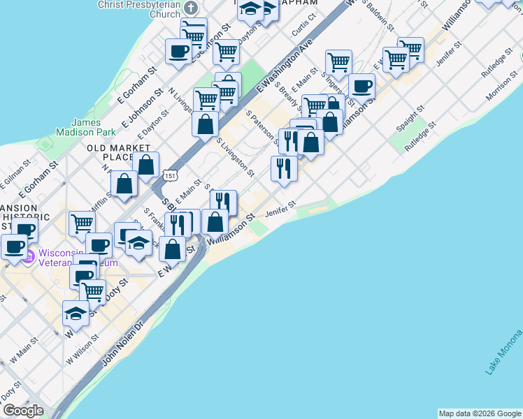 map of restaurants, bars, coffee shops, grocery stores, and more near 729 Jenifer Street in Madison