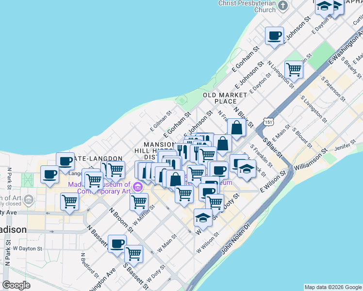 map of restaurants, bars, coffee shops, grocery stores, and more near 29 East Dayton Street in Madison