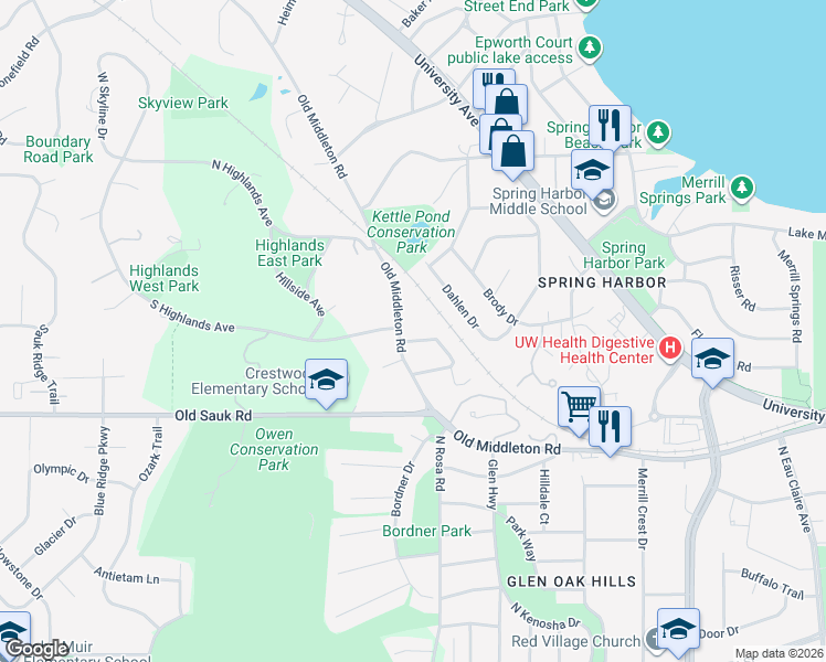map of restaurants, bars, coffee shops, grocery stores, and more near 5529 Englewood Drive in Madison
