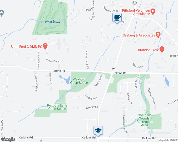 map of restaurants, bars, coffee shops, grocery stores, and more near Stone Road & Stoney Clover Lane in Pittsford