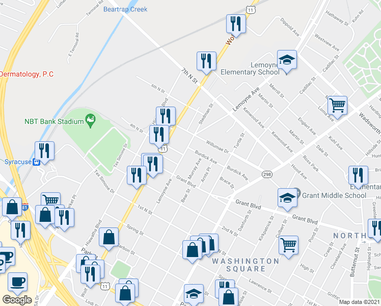 map of restaurants, bars, coffee shops, grocery stores, and more near 954 Lemoyne Avenue in Syracuse