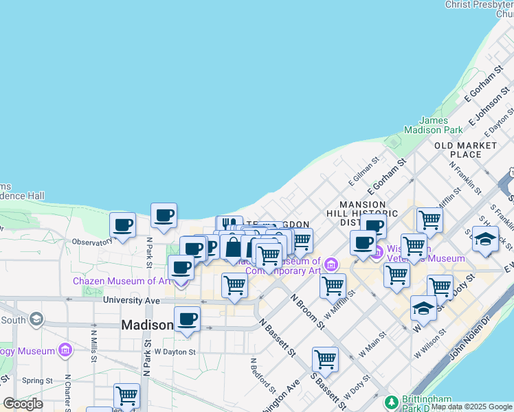 map of restaurants, bars, coffee shops, grocery stores, and more near 640 North Henry Street in Madison
