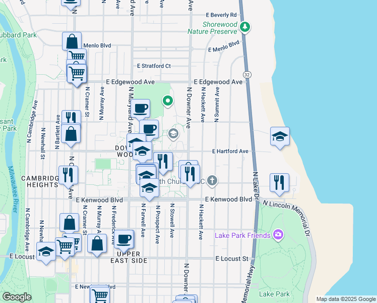 map of restaurants, bars, coffee shops, grocery stores, and more near North Downer Avenue & East Hartford Avenue in Milwaukee