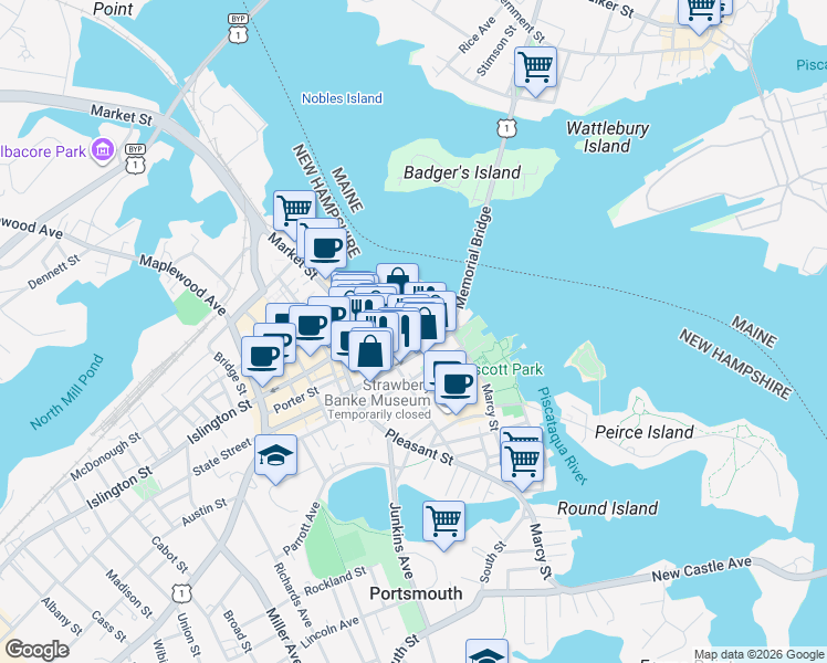 map of restaurants, bars, coffee shops, grocery stores, and more near 143 Daniel Street in Portsmouth