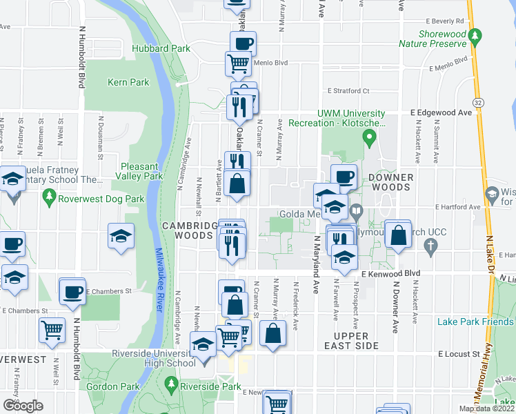 map of restaurants, bars, coffee shops, grocery stores, and more near N Cramer St & E Hartford Ave in Milwaukee