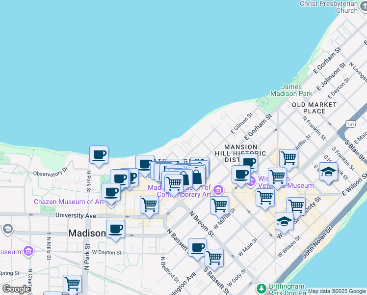 map of restaurants, bars, coffee shops, grocery stores, and more near 142 Langdon Street in Madison