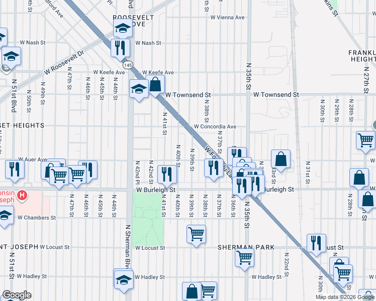 map of restaurants, bars, coffee shops, grocery stores, and more near 3176 North 40th Street in Milwaukee