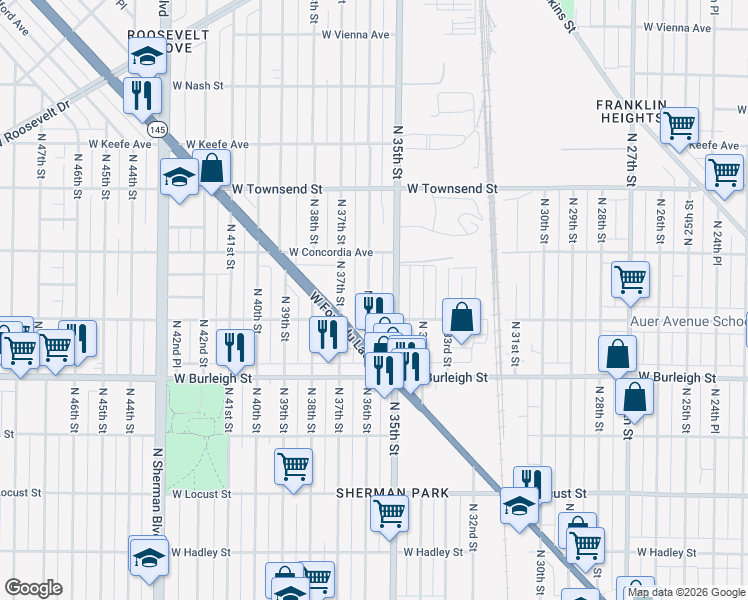 map of restaurants, bars, coffee shops, grocery stores, and more near 3226 North 36th Street in Milwaukee