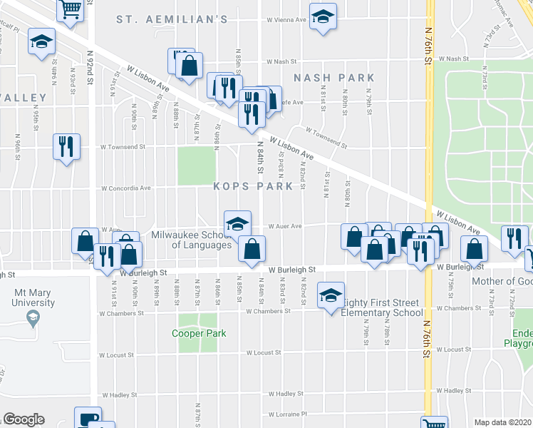 map of restaurants, bars, coffee shops, grocery stores, and more near 3222 North 84th Street in Milwaukee
