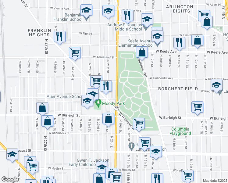 map of restaurants, bars, coffee shops, grocery stores, and more near 3233 North 20th Street in Milwaukee