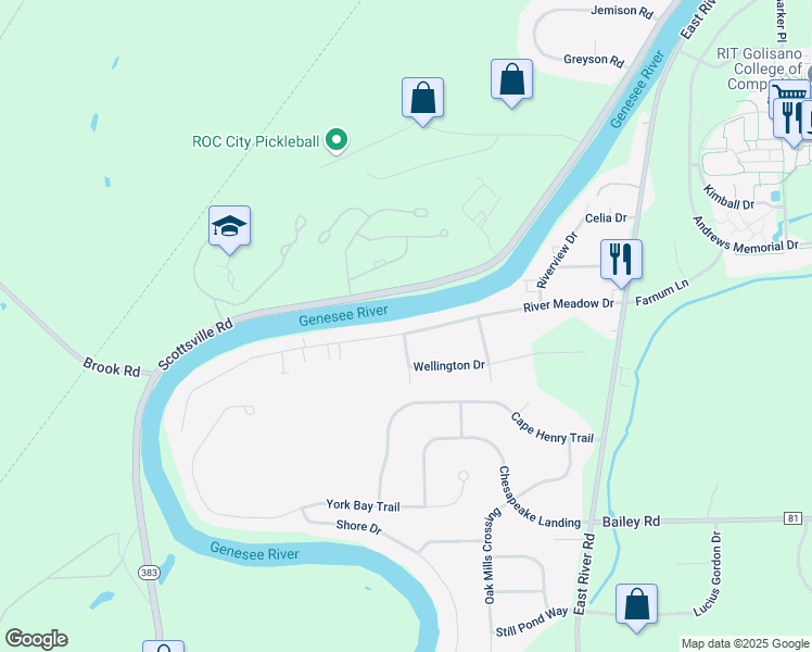 map of restaurants, bars, coffee shops, grocery stores, and more near 201 River Meadow Drive in Rochester