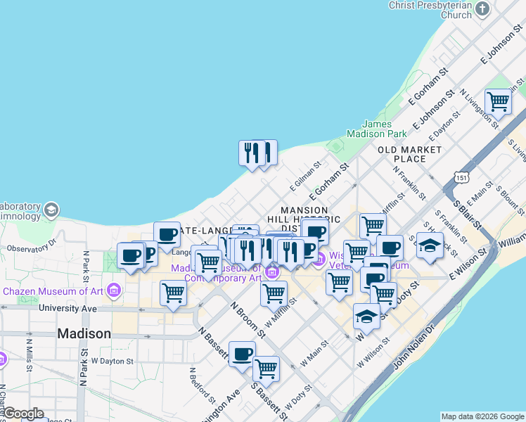 map of restaurants, bars, coffee shops, grocery stores, and more near 412 North Carroll Street in Madison