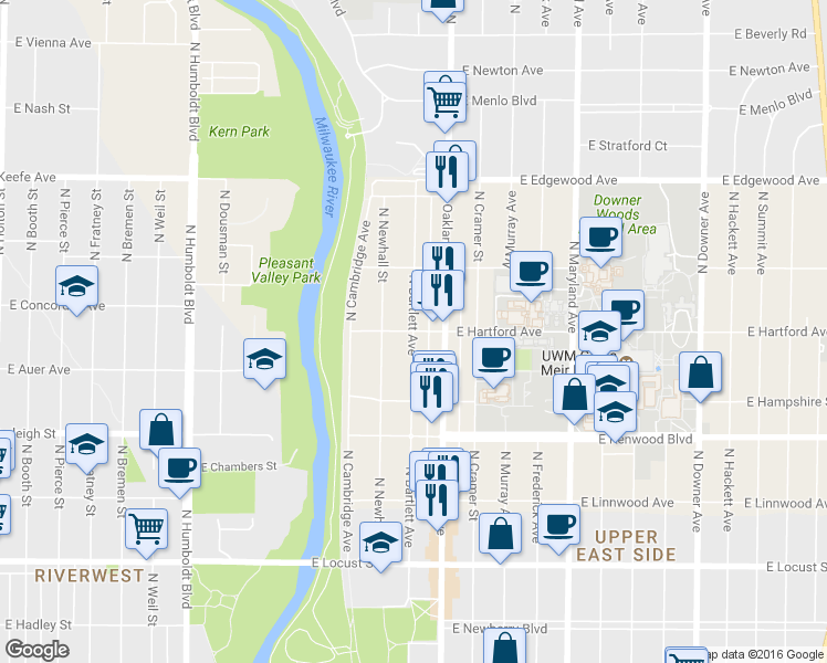 map of restaurants, bars, coffee shops, grocery stores, and more near N Bartlett Ave & E Hartford Ave in Milwaukee