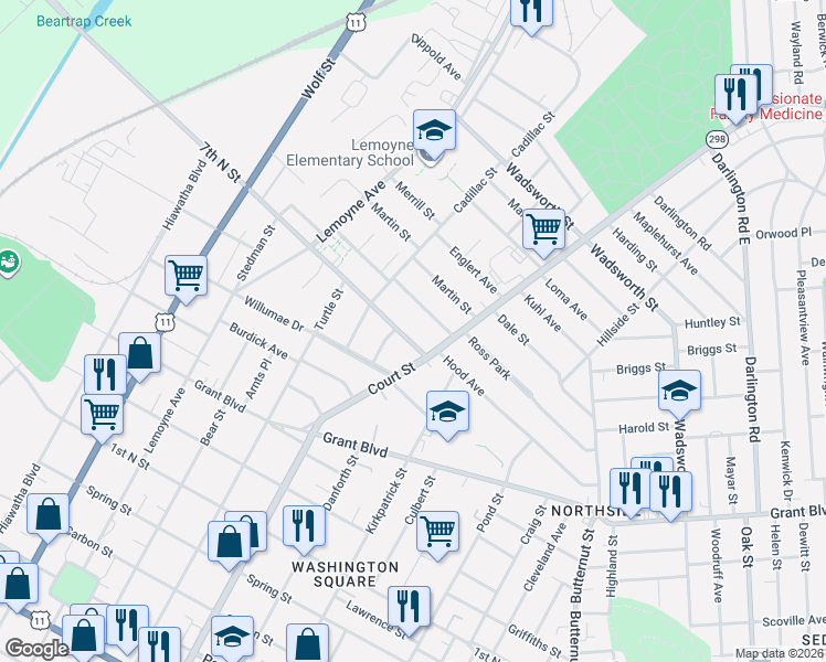 map of restaurants, bars, coffee shops, grocery stores, and more near 124 7th North Street in Syracuse