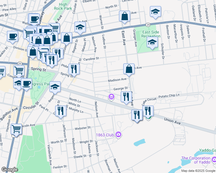 map of restaurants, bars, coffee shops, grocery stores, and more near 39 Ludlow Street in Saratoga Springs
