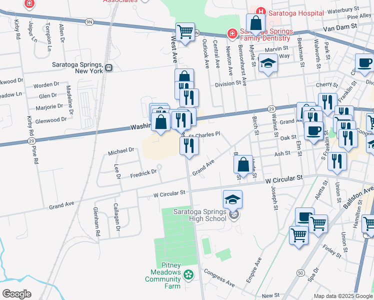 map of restaurants, bars, coffee shops, grocery stores, and more near 120 West Avenue in Saratoga Springs