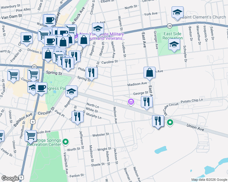 map of restaurants, bars, coffee shops, grocery stores, and more near 168 Nelson Avenue in Saratoga Springs