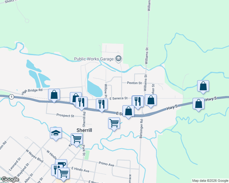 map of restaurants, bars, coffee shops, grocery stores, and more near 254 East Seneca Street in Sherrill