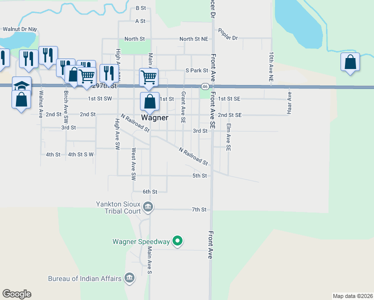 map of restaurants, bars, coffee shops, grocery stores, and more near 314 North Railroad Street in Wagner