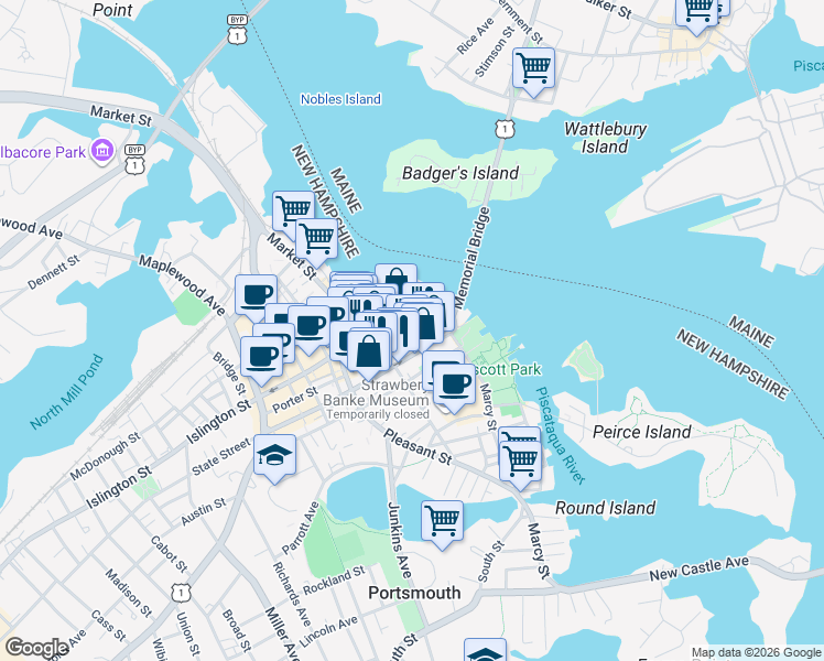 map of restaurants, bars, coffee shops, grocery stores, and more near 121 State Street in Portsmouth