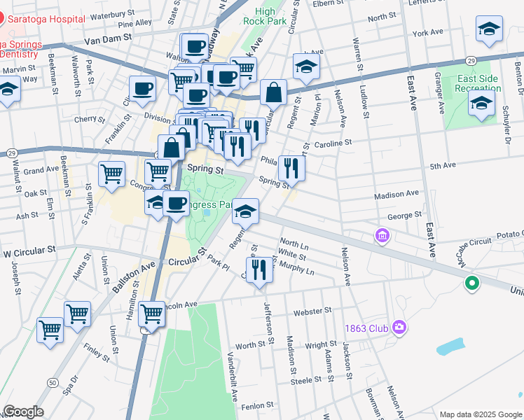 map of restaurants, bars, coffee shops, grocery stores, and more near 48 Union Avenue in Saratoga Springs