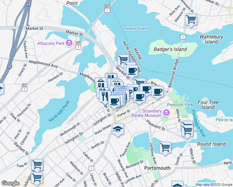 map of restaurants, bars, coffee shops, grocery stores, and more near 12 Portwalk Place in Portsmouth
