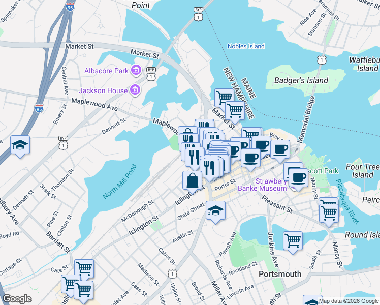 map of restaurants, bars, coffee shops, grocery stores, and more near 2 Foundry Place in Portsmouth