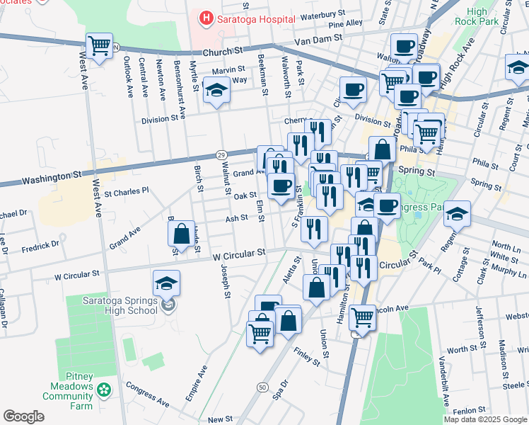 map of restaurants, bars, coffee shops, grocery stores, and more near 67 Ash Street in Saratoga Springs
