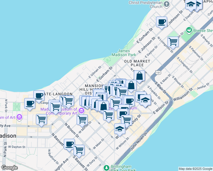 map of restaurants, bars, coffee shops, grocery stores, and more near 29 East Dayton Street in Madison